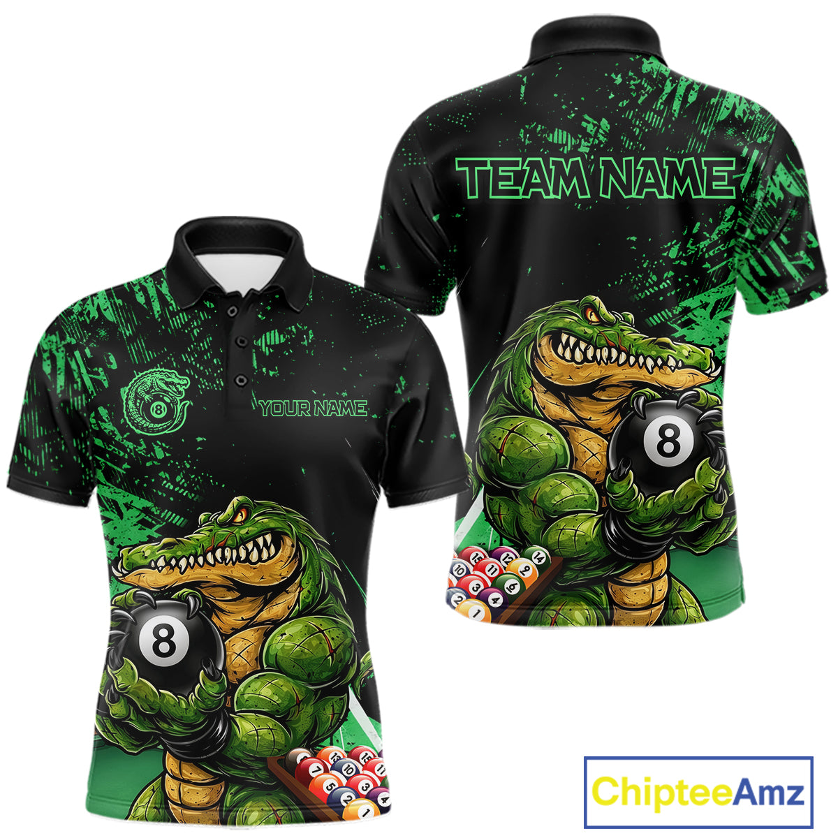 Custom Green Grunge Crocodile 8 Ball Billiard Pool Shirt For Men Funny Billiard Team Jersey NYN3066