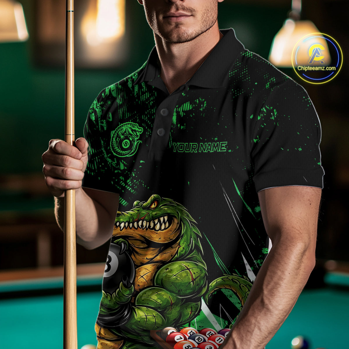 Custom Green Grunge Crocodile 8 Ball Billiard Pool Shirt For Men Funny Billiard Team Jersey NYN3066