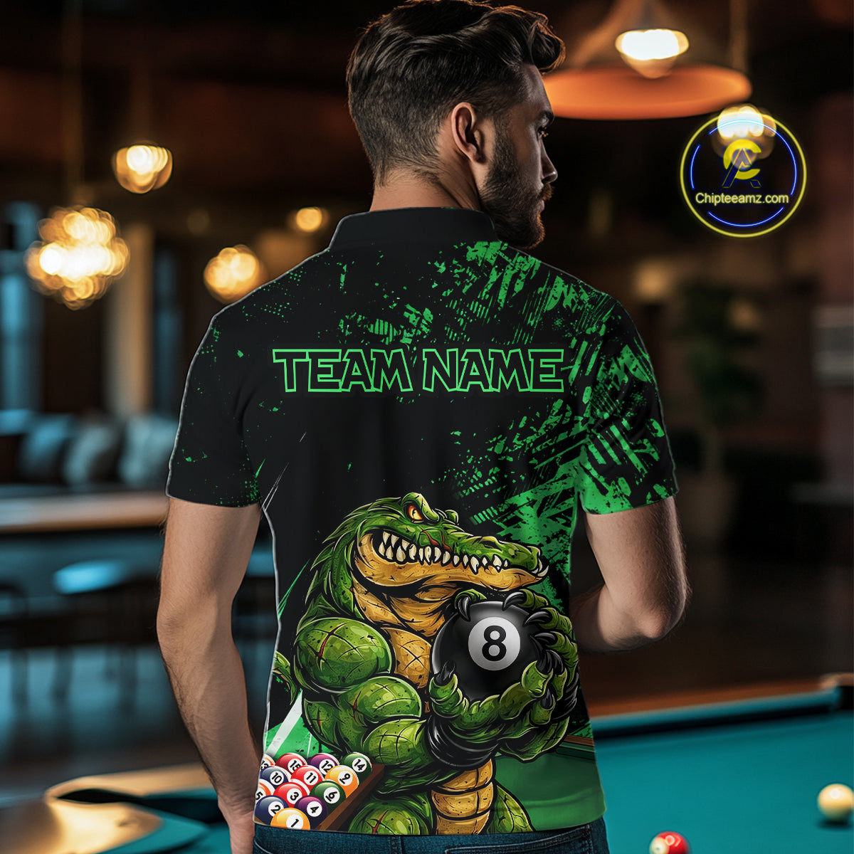 Custom Green Grunge Crocodile 8 Ball Billiard Pool Shirt For Men Funny Billiard Team Jersey NYN3066