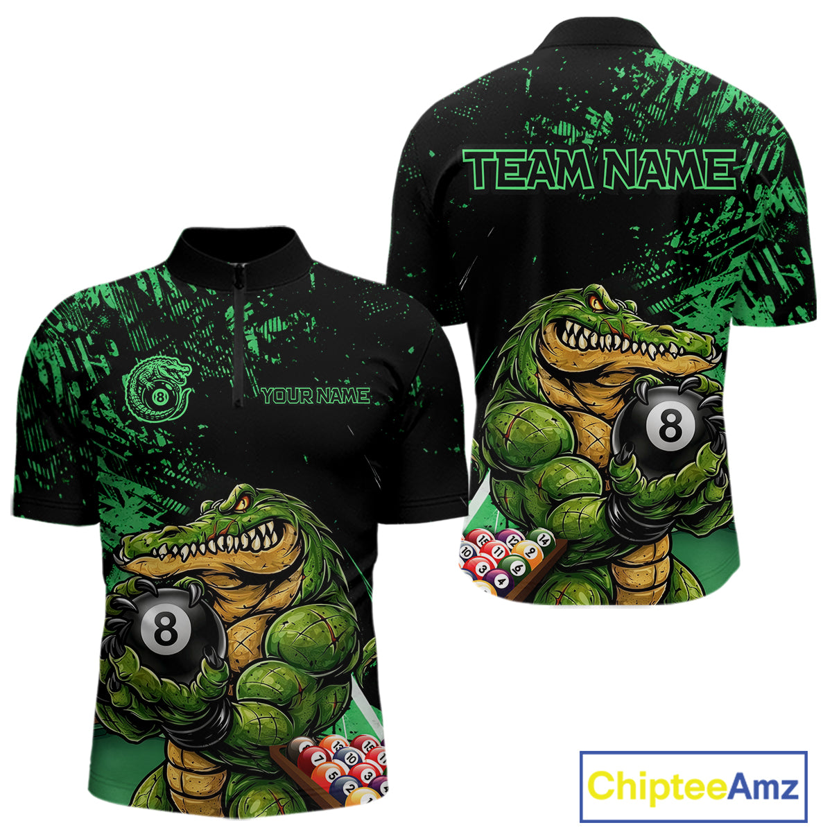Custom Green Grunge Crocodile 8 Ball Billiard Pool Shirt For Men Funny Billiard Team Jersey NYN3066