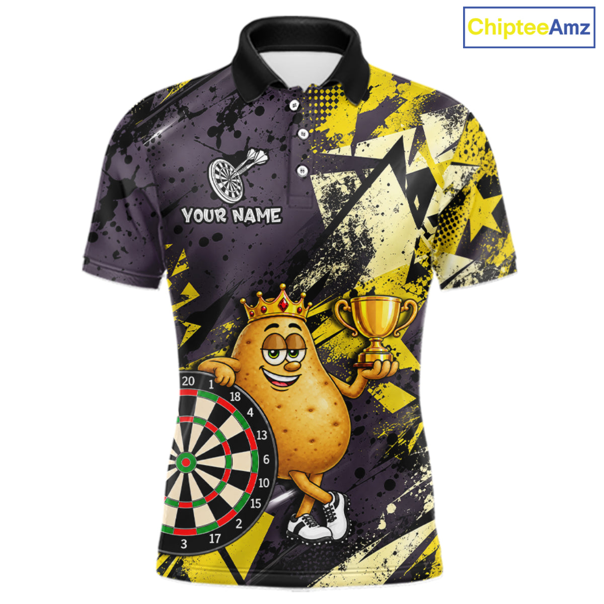 Funny King Potato Trophy Dartboard Shirt For Men Custom Name Yellow Grunge Darts Apparel Jersey NYN4474