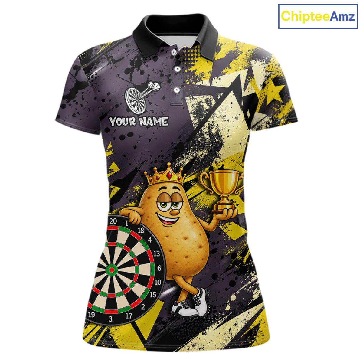 Funny King Potato Trophy Dartboard Shirt For Women Custom Name Yellow Grunge Darts Apparel Jersey NYN4474