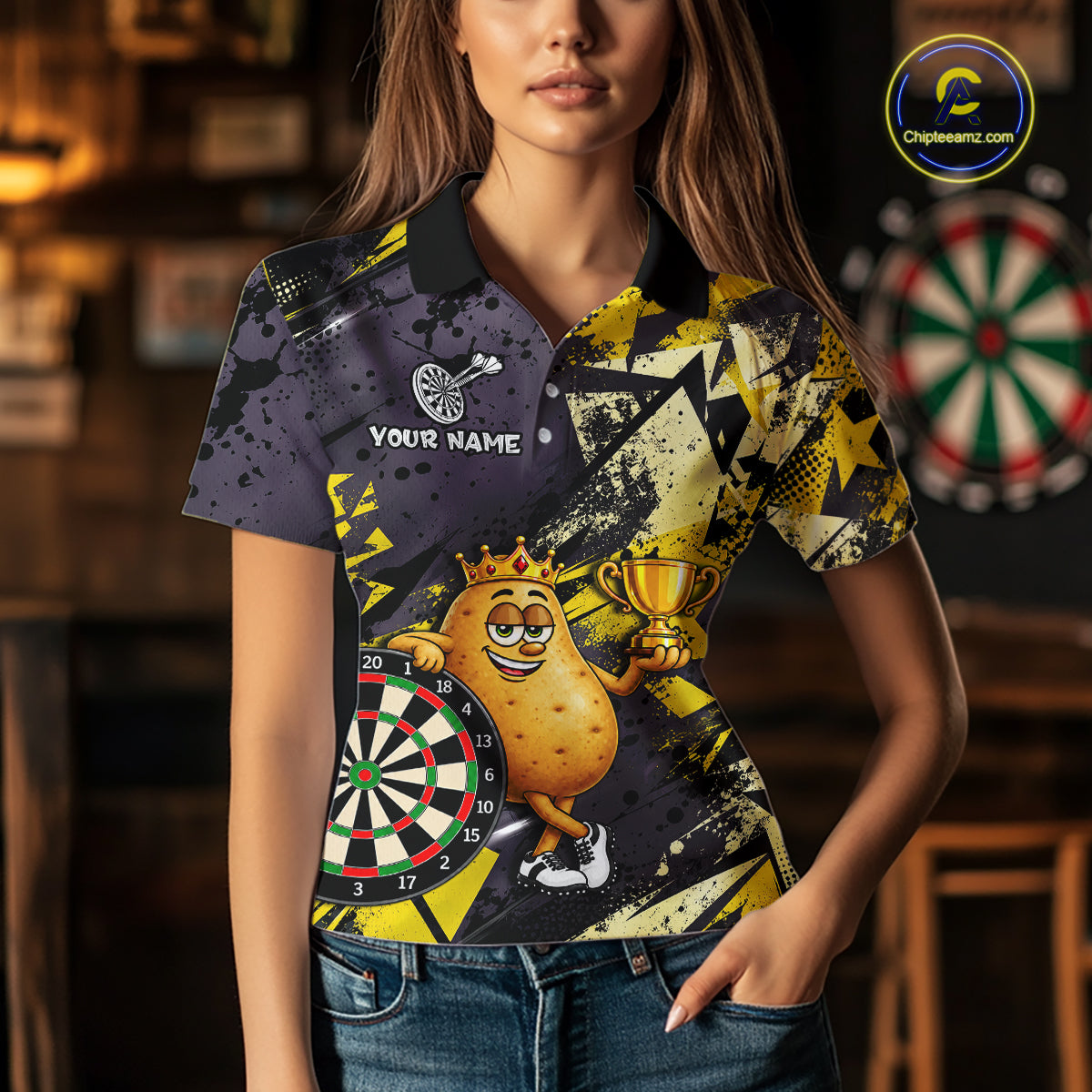 Funny King Potato Trophy Dartboard Shirt For Women Custom Name Yellow Grunge Darts Apparel Jersey NYN4474