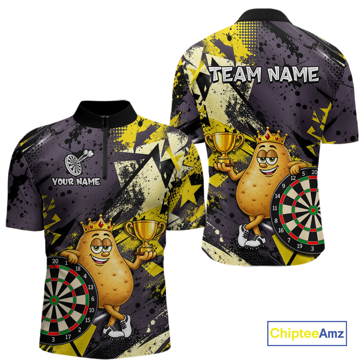 Funny King Potato Trophy Dartboard Shirt For Men Custom Name Yellow Grunge Darts Apparel Jersey NYN4474