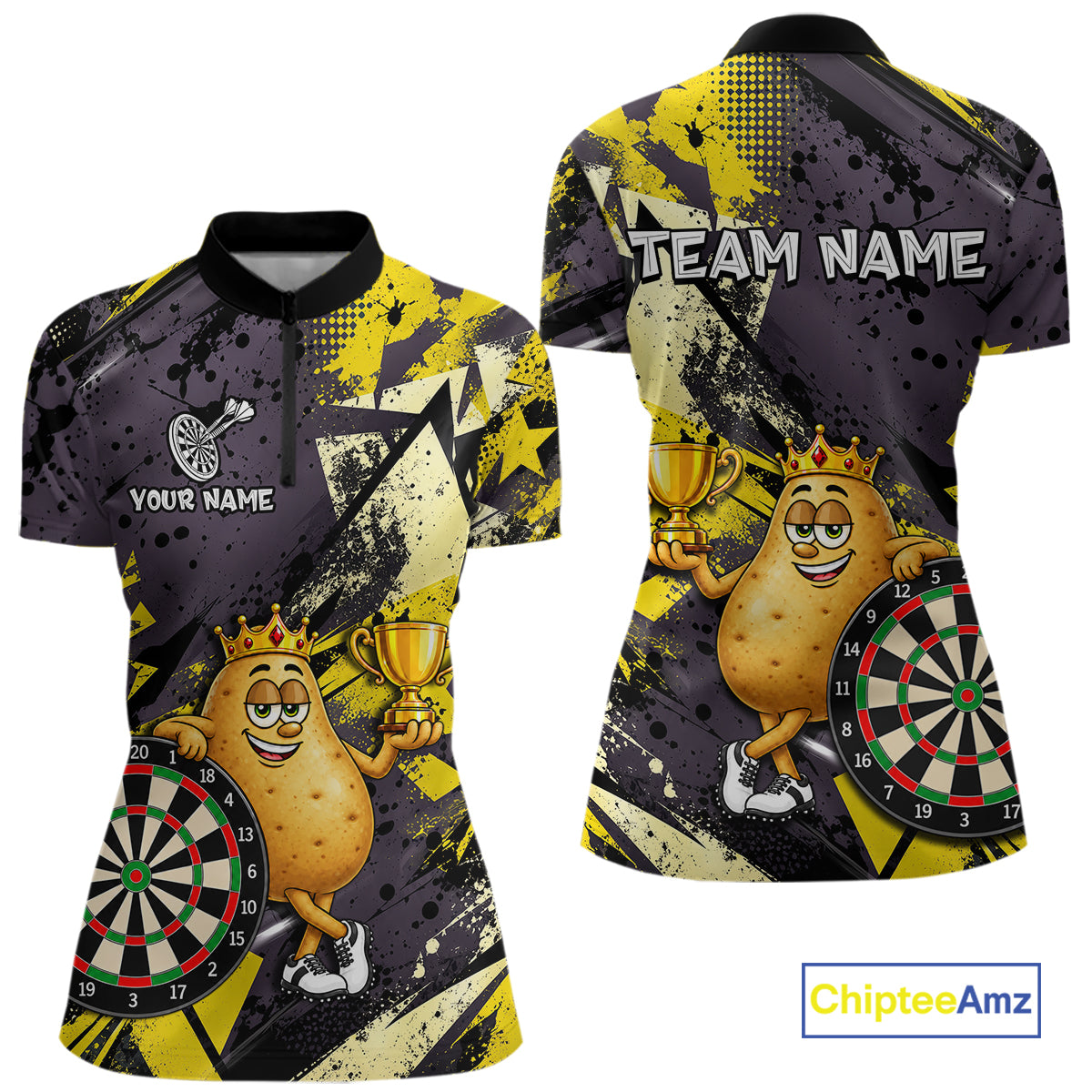 Funny King Potato Trophy Dartboard Shirt For Women Custom Name Yellow Grunge Darts Apparel Jersey NYN4474