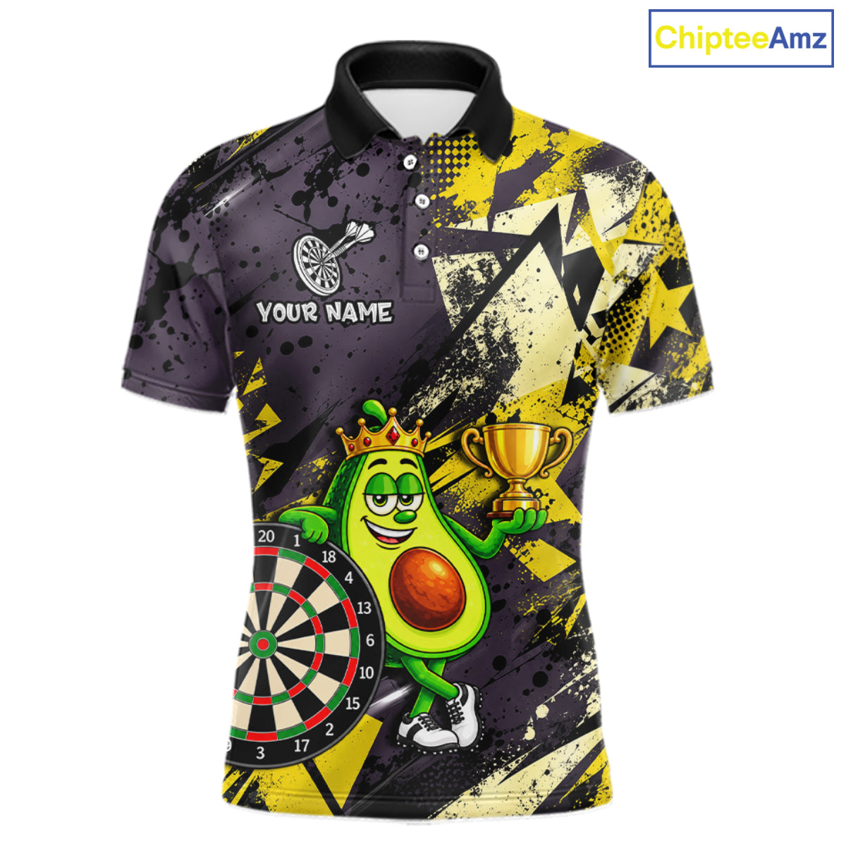 Funny King Avocado Trophy Dartboard Shirt For Men Custom Name Yellow Grunge Darts Apparel Jersey NYN4475
