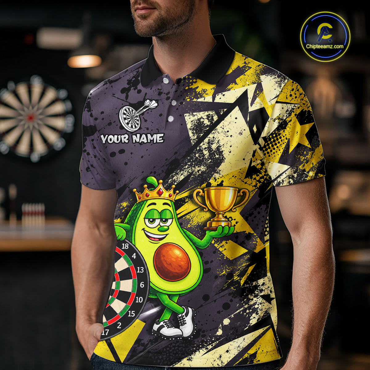 Funny King Avocado Trophy Dartboard Shirt For Men Custom Name Yellow Grunge Darts Apparel Jersey NYN4475