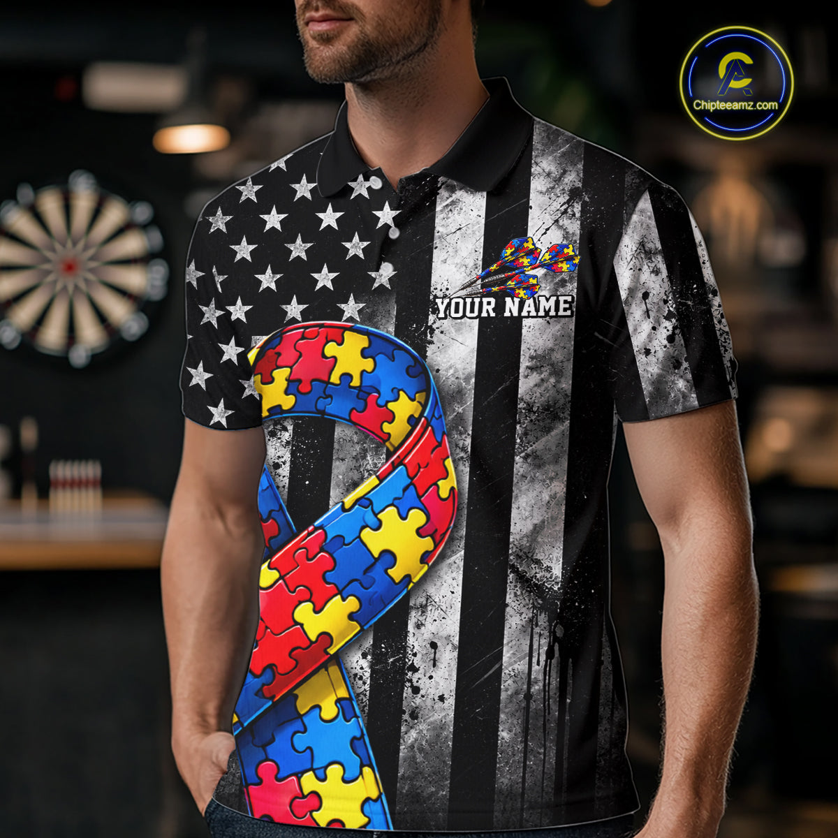 Custom Autism Awareness Polo 1/4-Zip Shirt For Men Autism Puzzle Piece Darts Tournament Jersey NYN4856