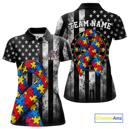 Custom Autism Awareness Polo 1/4-Zip Shirt For Women Autism Puzzle Piece Darts Tournament Jersey NYN4856