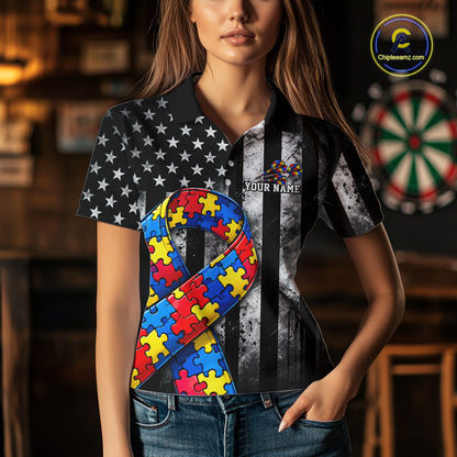 Custom Autism Awareness Polo 1/4-Zip Shirt For Women Autism Puzzle Piece Darts Tournament Jersey NYN4856