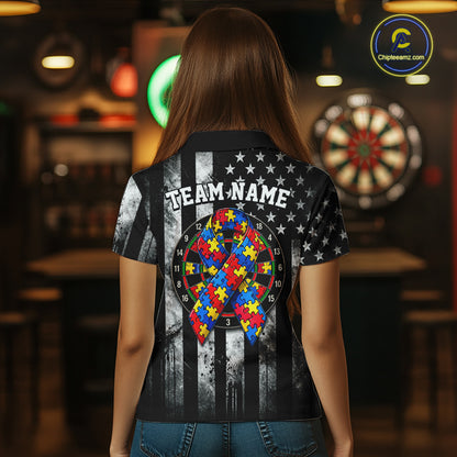 Custom Autism Awareness Polo 1/4-Zip Shirt For Women Autism Puzzle Piece Darts Tournament Jersey NYN4856