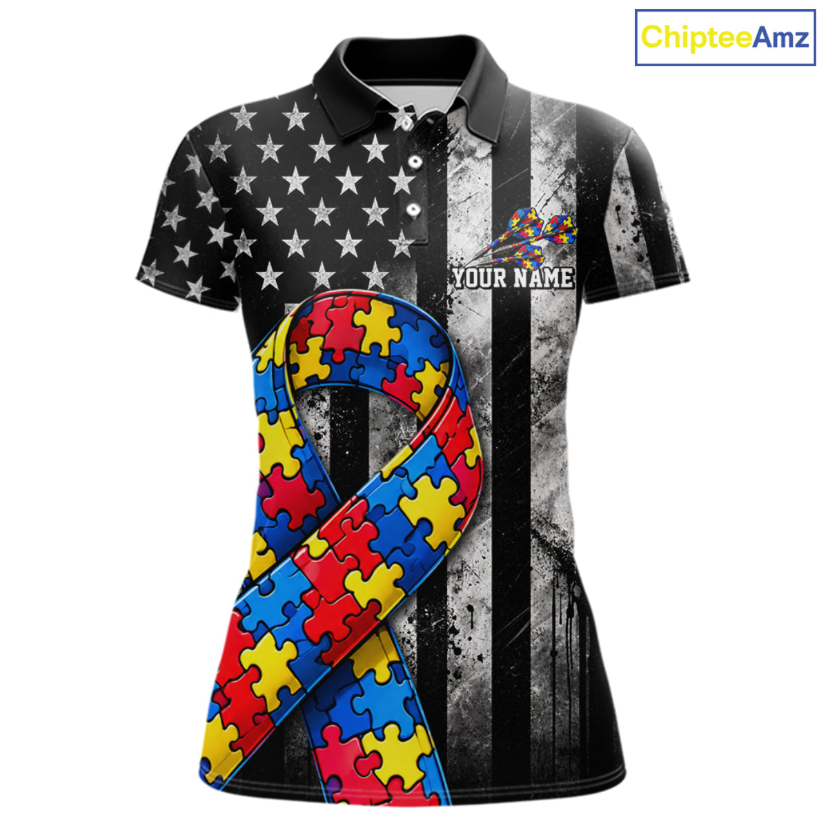 Custom Autism Awareness Polo 1/4-Zip Shirt For Women Autism Puzzle Piece Darts Tournament Jersey NYN4856