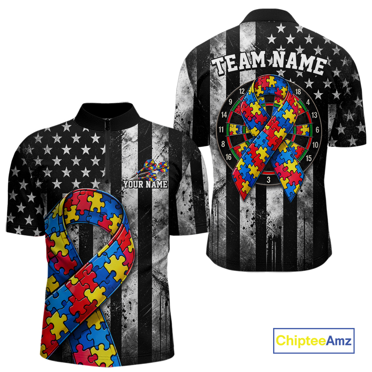 Custom Autism Awareness Polo 1/4-Zip Shirt For Men Autism Puzzle Piece Darts Tournament Jersey NYN4856