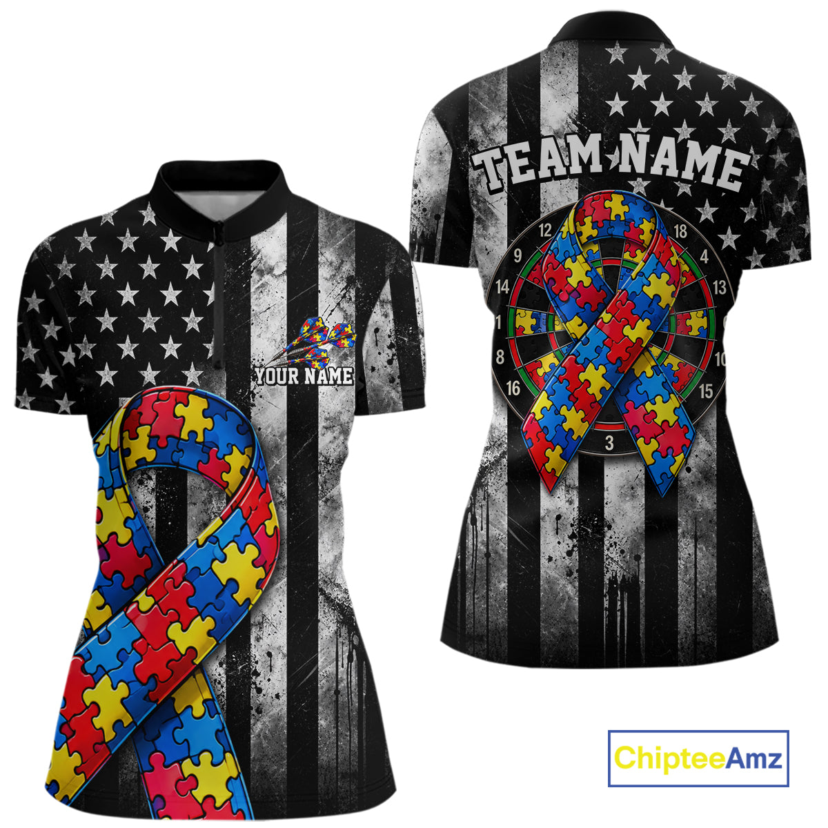 Custom Autism Awareness Polo 1/4-Zip Shirt For Women Autism Puzzle Piece Darts Tournament Jersey NYN4856