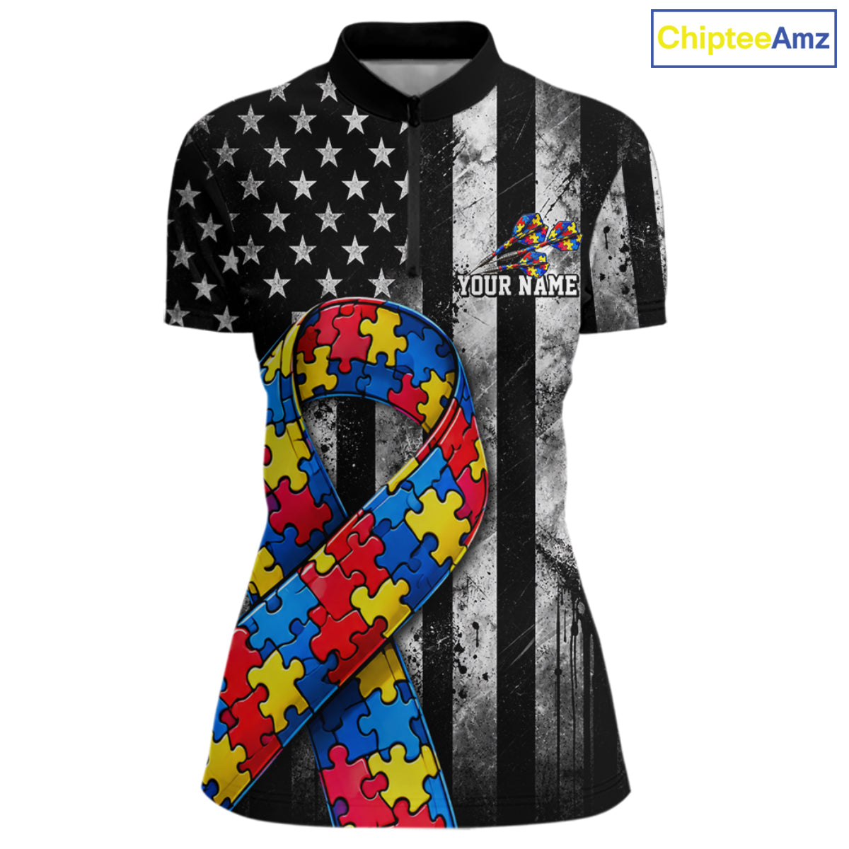 Custom Autism Awareness Polo 1/4-Zip Shirt For Women Autism Puzzle Piece Darts Tournament Jersey NYN4856