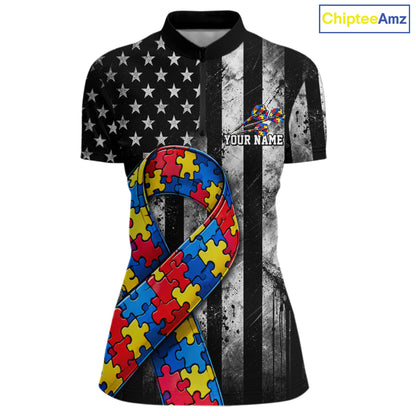 Custom Autism Awareness Polo 1/4-Zip Shirt For Women Autism Puzzle Piece Darts Tournament Jersey NYN4856