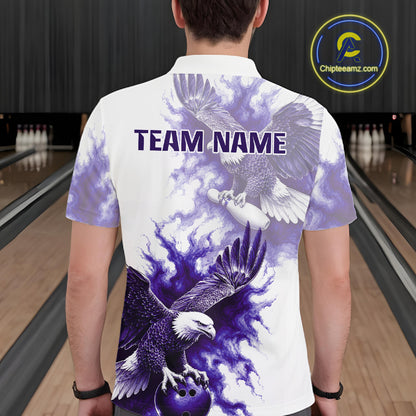 Male athlete wearing Purple Eagle bowling polo, eagle symbolism, leadership, courage, competitive bowling apparel, championship sportswear.