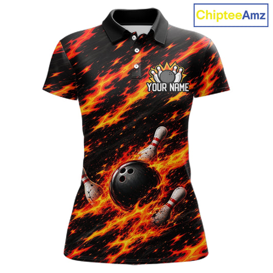 Black And Red Fire Bowling Shirt For Women Custom Flame Bowling Team Polo Quarter-Zip Shirt NYN4095