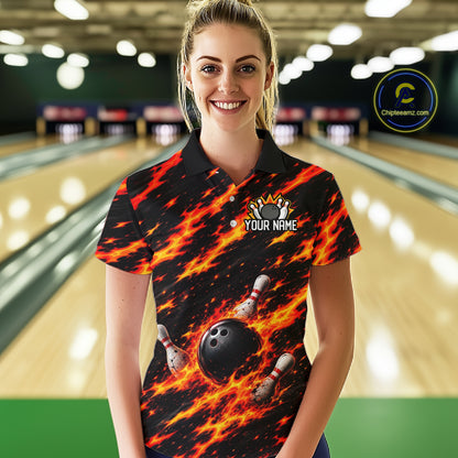 Black And Red Fire Bowling Shirt For Women Custom Flame Bowling Team Polo Quarter-Zip Shirt NYN4095