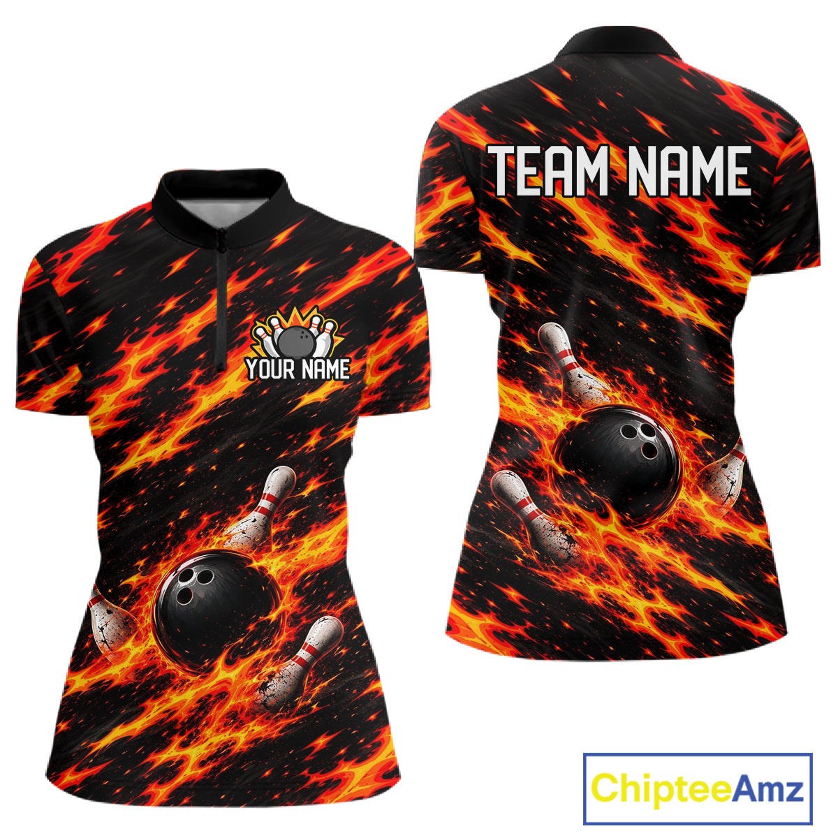 Black And Red Fire Bowling Shirt For Women Custom Flame Bowling Team Polo Quarter-Zip Shirt NYN4095