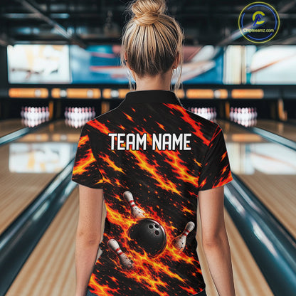 Black And Red Fire Bowling Shirt For Women Custom Flame Bowling Team Polo Quarter-Zip Shirt NYN4095