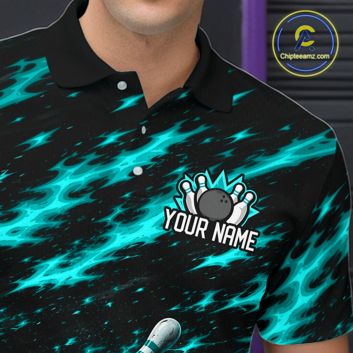 Black And Turquoise Fire Bowling Shirt For Men Custom Flame Bowling Team Polo Quarter-Zip Shirt NYN4096
