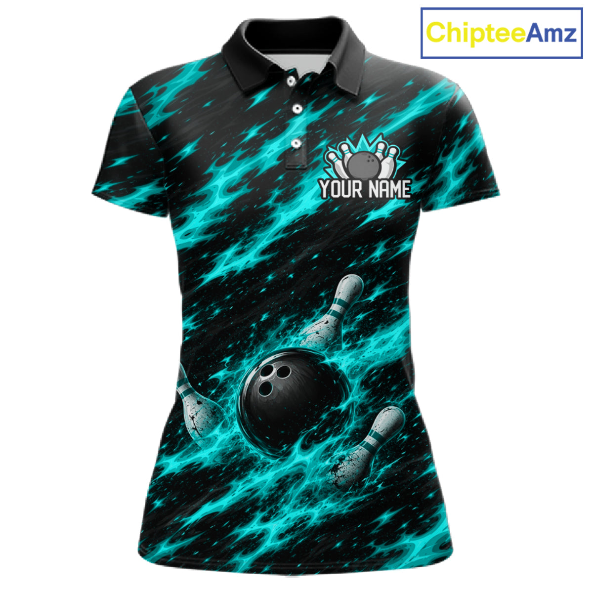Black And Turquoise Fire Bowling Shirt For Women Custom Flame Bowling Team Polo Quarter-Zip Shirt NYN4096