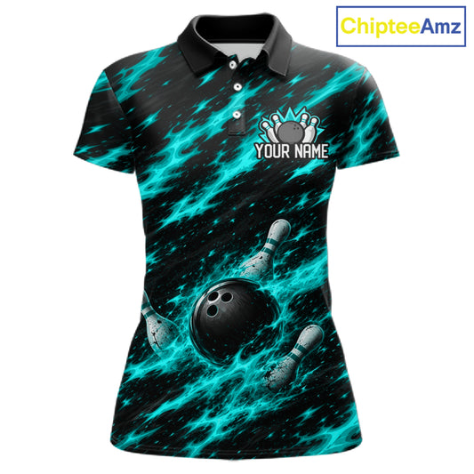 Black And Turquoise Fire Bowling Shirt For Women Custom Flame Bowling Team Polo Quarter-Zip Shirt NYN4096
