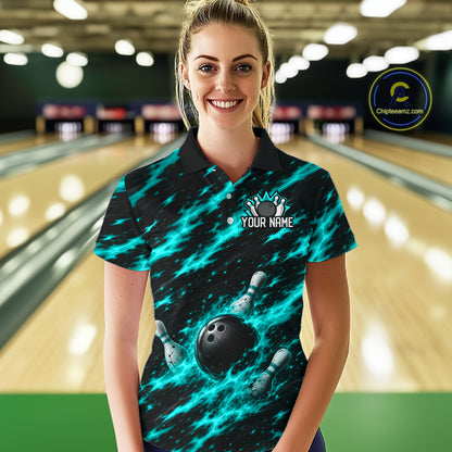 Black And Turquoise Fire Bowling Shirt For Women Custom Flame Bowling Team Polo Quarter-Zip Shirt NYN4096
