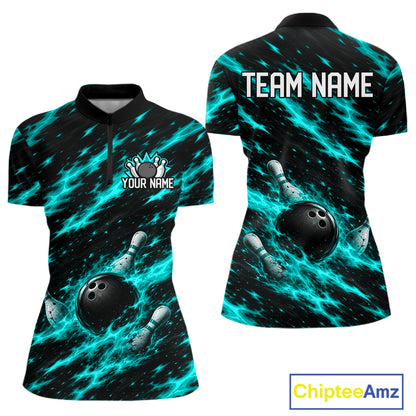 Black And Turquoise Fire Bowling Shirt For Women Custom Flame Bowling Team Polo Quarter-Zip Shirt NYN4096