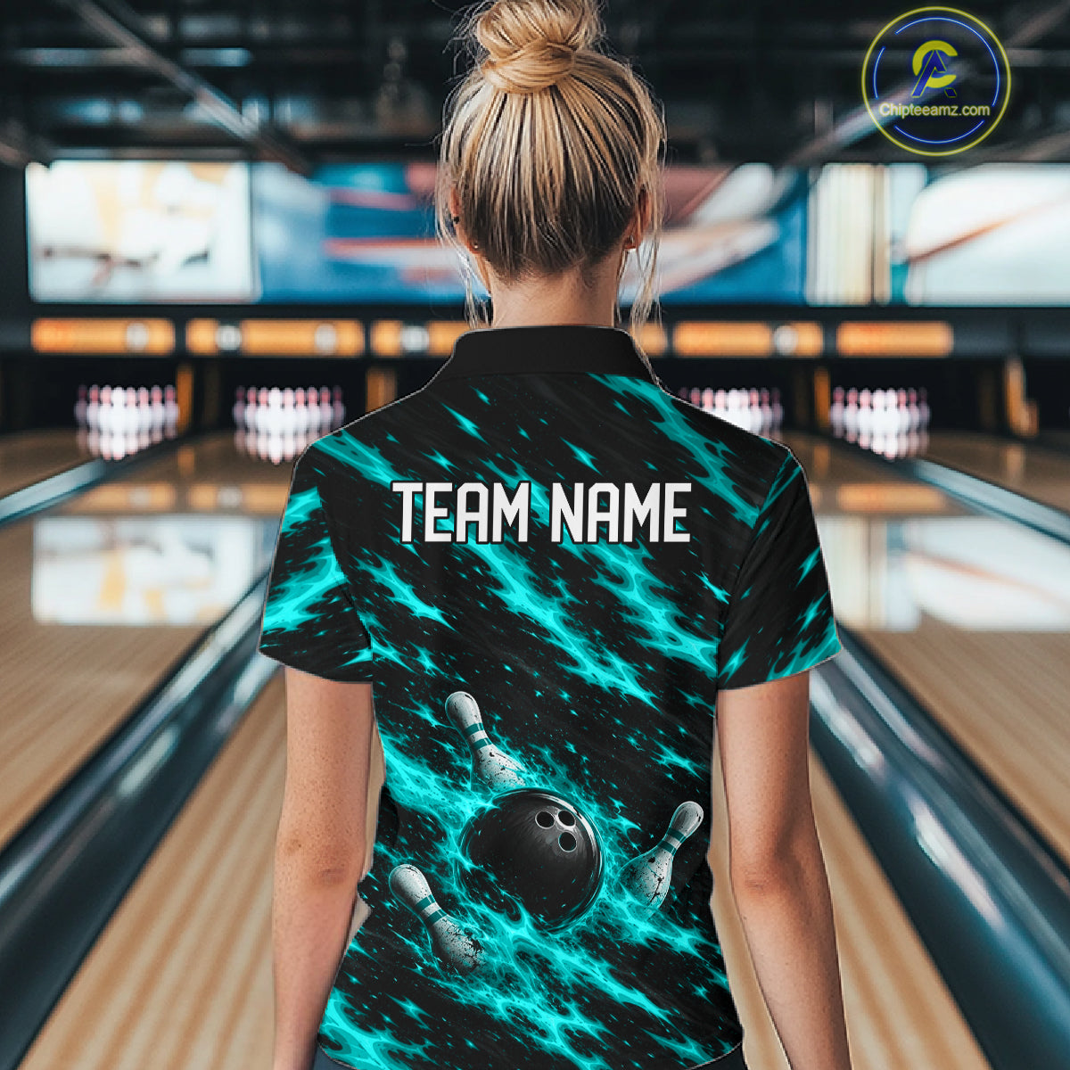 Black And Turquoise Fire Bowling Shirt For Women Custom Flame Bowling Team Polo Quarter-Zip Shirt NYN4096