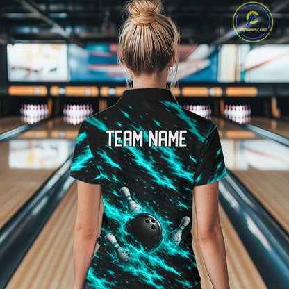 Black And Turquoise Fire Bowling Shirt For Women Custom Flame Bowling Team Polo Quarter-Zip Shirt NYN4096