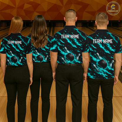 Black And Turquoise Fire Bowling Shirt For Women Custom Flame Bowling Team Polo Quarter-Zip Shirt NYN4096