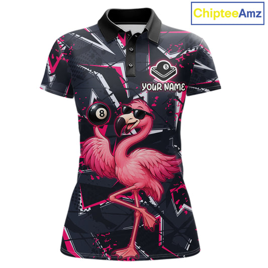 Custom Flamingo Women Billiard Polo 1/4-Zip Shirt Pink Strikes 8 Ball Billiard Fun Pool Team Uniform NYN4482
