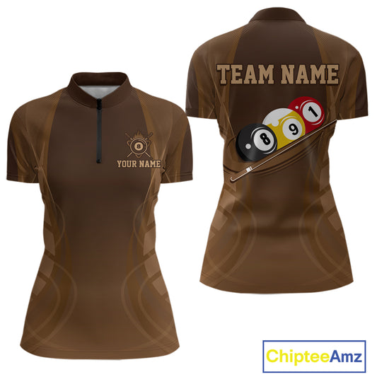 Brown 8 Ball 9 Ball Billiard Polo 1/4-Zip Shirt For Men Women Billiard Pool Team Jersey NYN4494