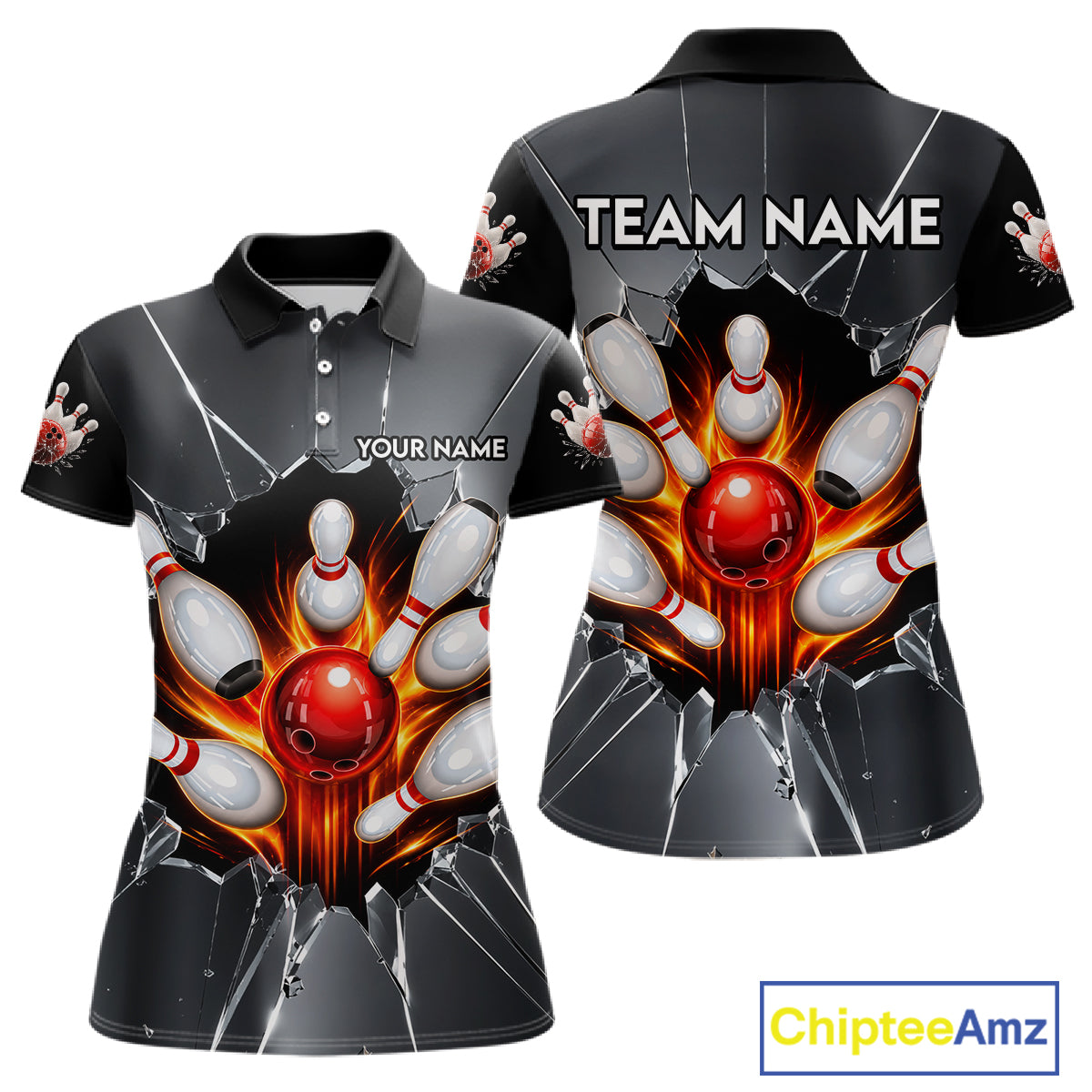 Grey Broken Glass Bowling Shirt For Women Custom Fire Flame Outfit Bowling Jersey | Red NYN3230