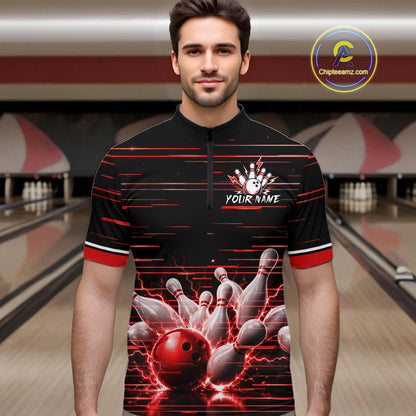Red Horizontal Stripes Mens Bowling Shirt Personalized Thunder Lightning Team Bowling Jersey NYN3233