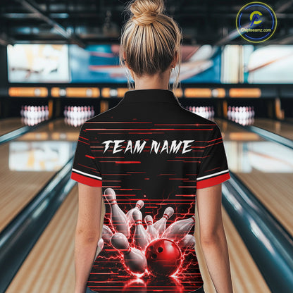Red Horizontal Stripes Women Bowling Shirt Personalized Thunder Lightning Team Bowling Jersey NYN3233