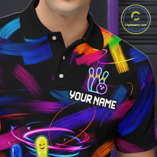 Load image into Gallery viewer, Male bowler wearing Neon Tornado Bowling Pins bowling jersey during tournament and league play