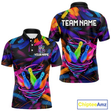 Load image into Gallery viewer, Funny Neon Tornado Bowling Pins men's bowling polo shirt colorful paint bowling team jersey, custom bowling apparel