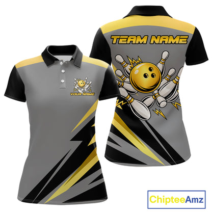 Personalized Gray And Gold Bowling Team Shirts For Men Custom Bowling Polo Quarter Zip Shirt NYN4497