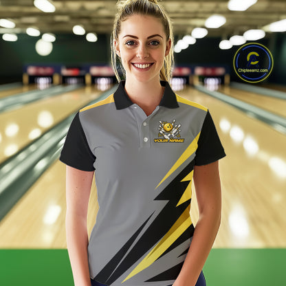 Personalized Gray And Gold Bowling Team Shirts For Men Custom Bowling Polo Quarter Zip Shirt NYN4497