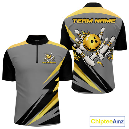 Personalized Gray And Gold Bowling Team Shirts For Women Custom Bowling Polo Quarter Zip Shirt NYN4497