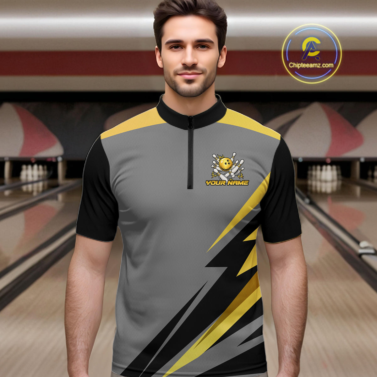 Personalized Gray And Gold Bowling Team Shirts For Women Custom Bowling Polo Quarter Zip Shirt NYN4497