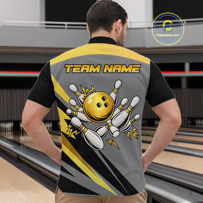 Personalized Gray And Gold Bowling Team Shirts For Women Custom Bowling Polo Quarter Zip Shirt NYN4497