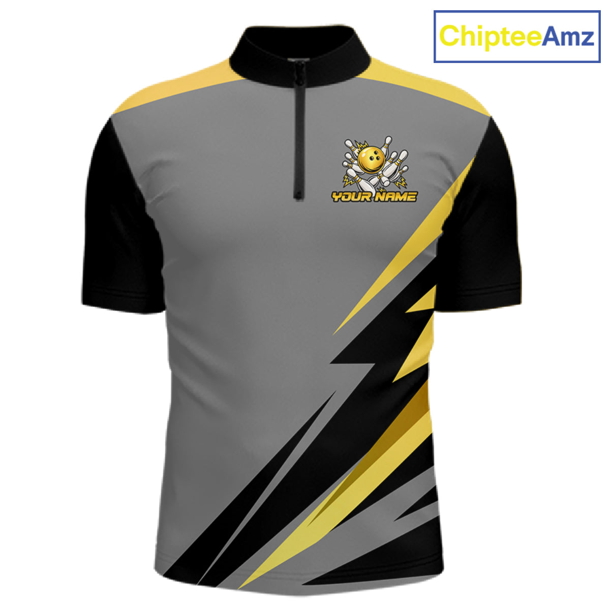 Personalized Gray And Gold Bowling Team Shirts For Women Custom Bowling Polo Quarter Zip Shirt NYN4497