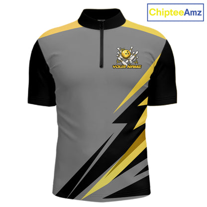 Personalized Gray And Gold Bowling Team Shirts For Women Custom Bowling Polo Quarter Zip Shirt NYN4497