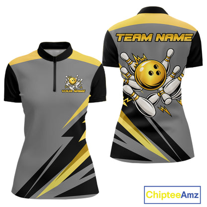 Personalized Gray And Gold Bowling Team Shirts For Men Custom Bowling Polo Quarter Zip Shirt NYN4497