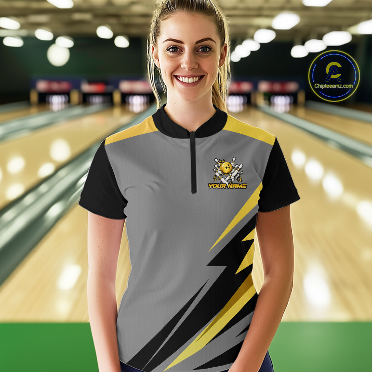 Personalized Gray And Gold Bowling Team Shirts For Men Custom Bowling Polo Quarter Zip Shirt NYN4497