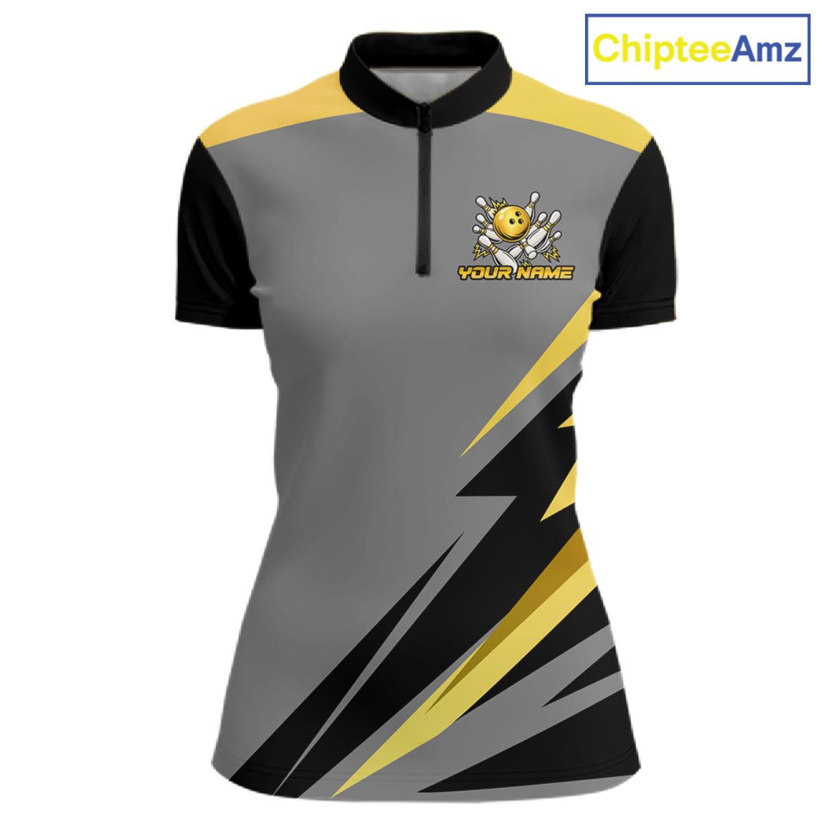 Personalized Gray And Gold Bowling Team Shirts For Men Custom Bowling Polo Quarter Zip Shirt NYN4497